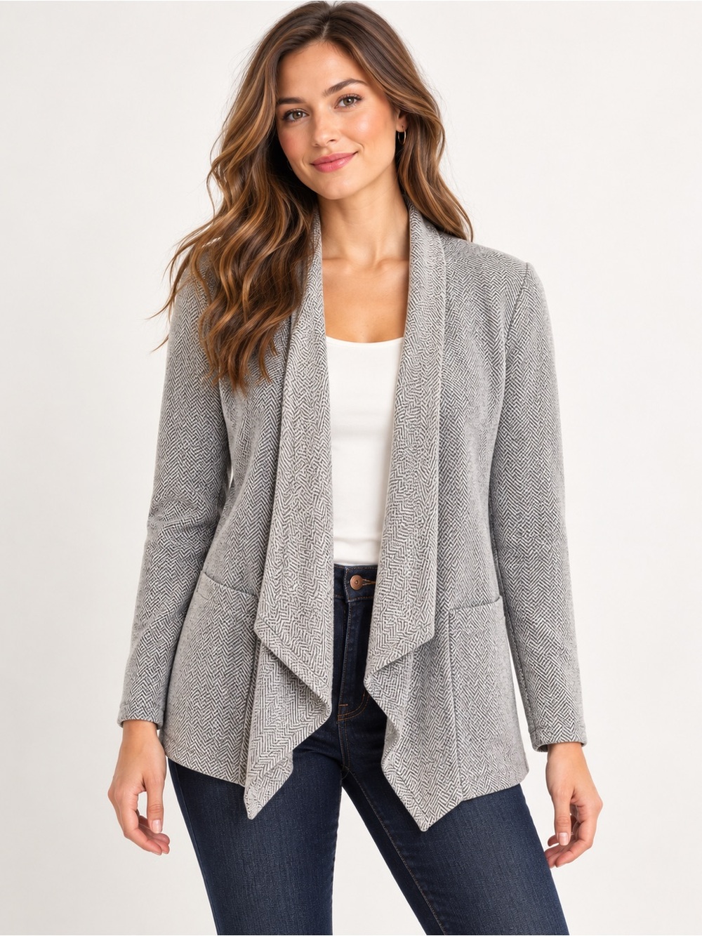 Banana Republic Herringbone Draped Cardigan Blazer Small Gray Open Front